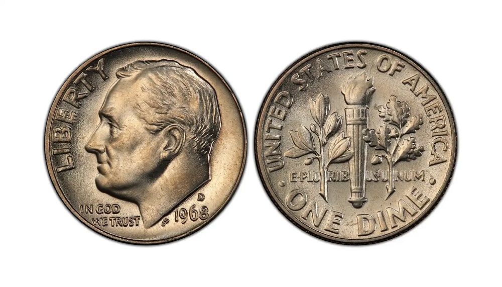 1968 Roosevelt dime obverse and reverse showing mint mark location above the date