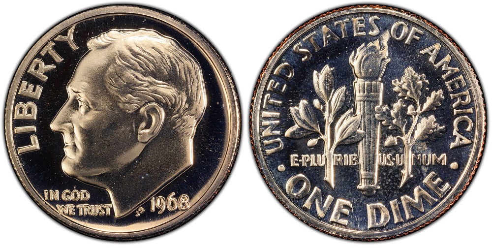 Side-by-side comparison of 1968-S proof dime with S mint mark versus 1968 No S proof dime with blank mint mark area