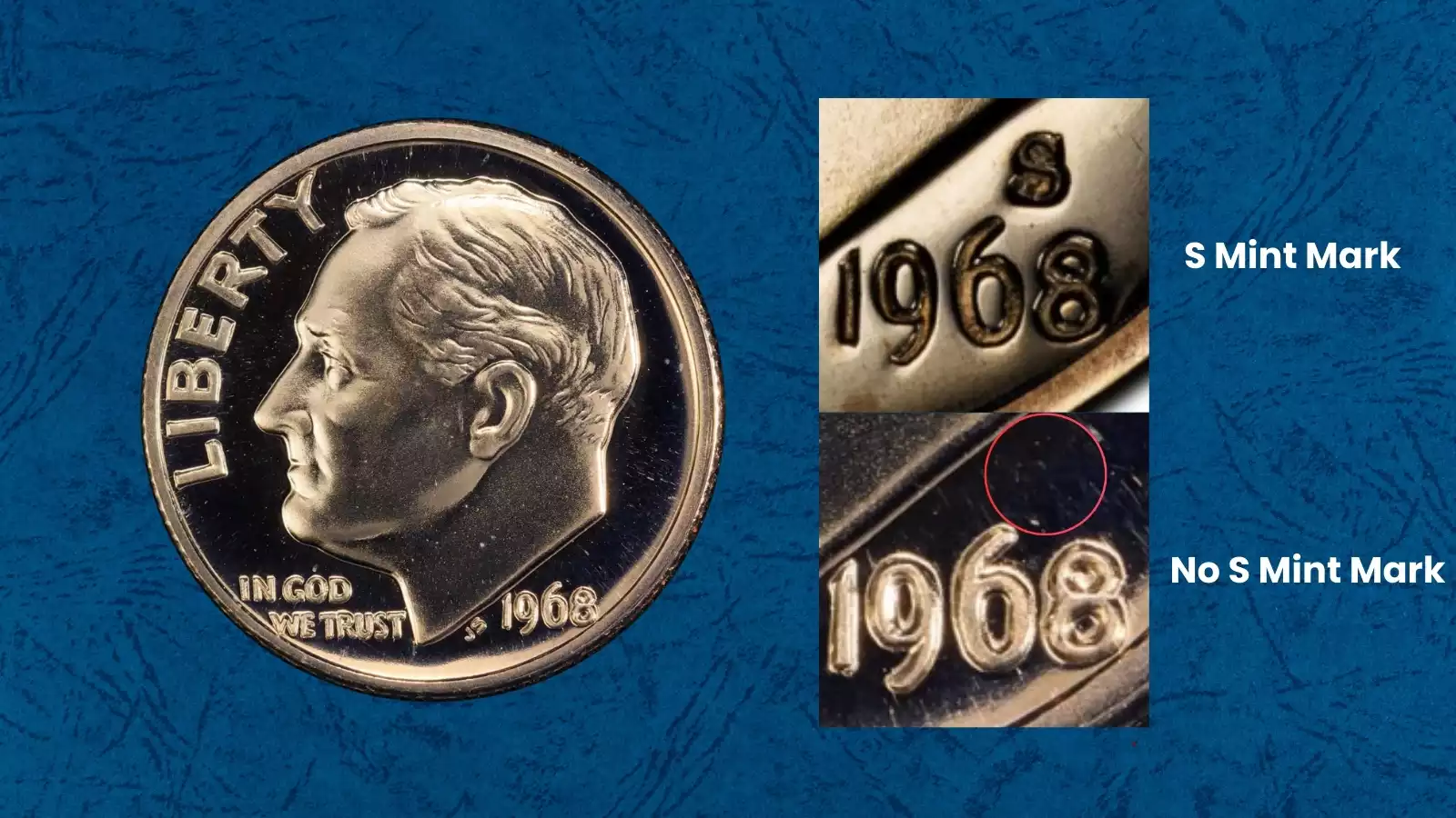 1968 No S proof dime close-up showing blank mint mark field above date on obverse