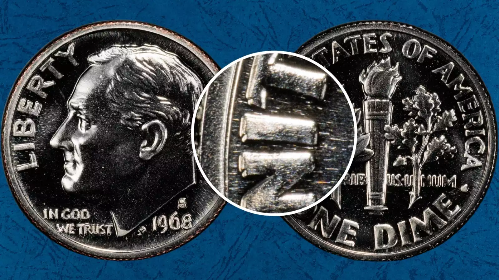 1968-S proof dime reversed doubled die showing doubled ONE DIME inscription and torch doubling