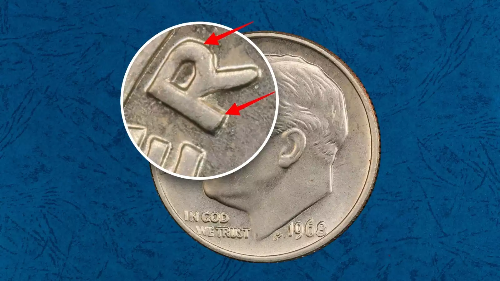 1968-D dime obverse doubled die error showing doubled LIBERTY lettering and IN GOD WE TRUST inscription