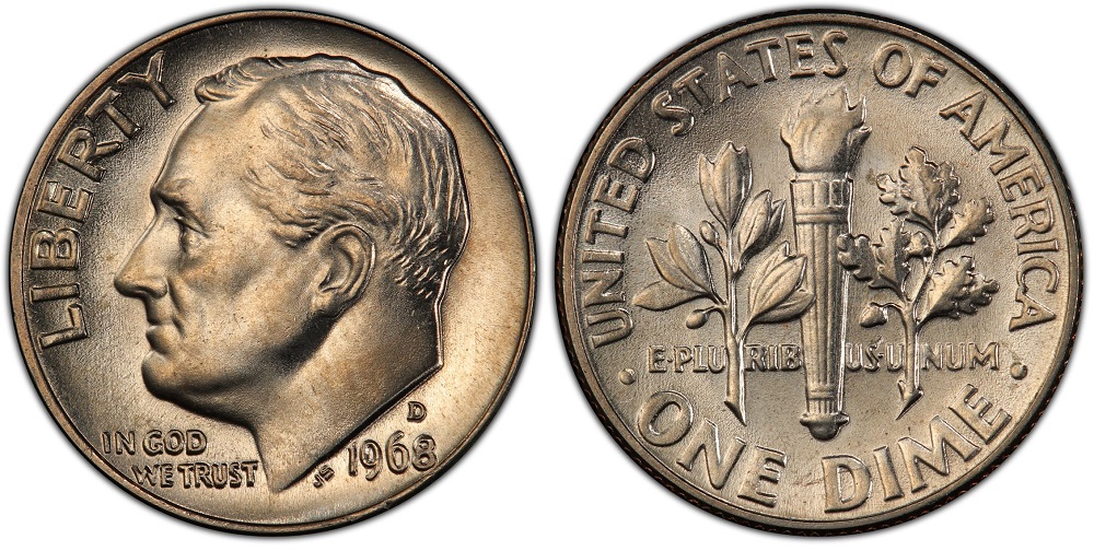 1968 Roosevelt dime grading strip showing four condition tiers from worn circulated to gem uncirculated MS-65